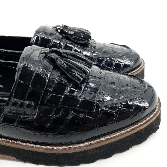 ASOS DESIGN Croc Meze Chunky Fringed Patent Leather Loafers - Picture 12 of 16